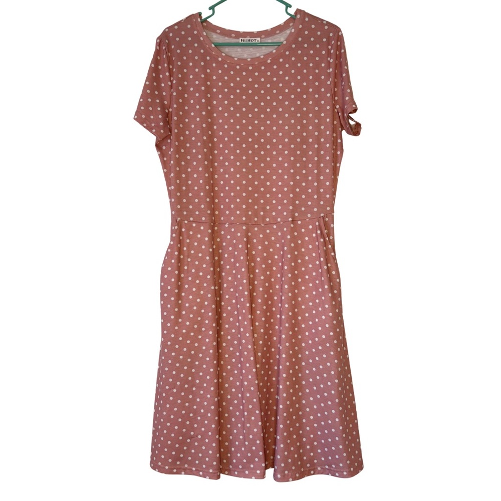 3/$20 Huhot Pink Polka Dot Short Sleeve Midi Dress Size XL